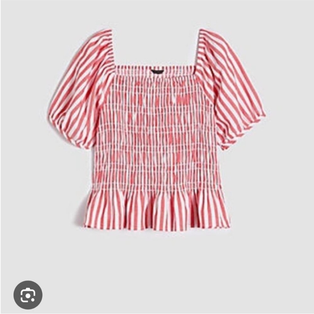 Ann Taylor Pink and White Smocked Puff Sleeve Crop Blouse Size M